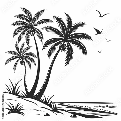beach tropical palm trees with leaves black silhouette vector flat design white background
