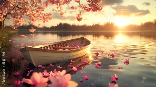 Wallpaper Mural Gentle sunrise over a tranquil lake with a small boat and blossoms. Torontodigital.ca