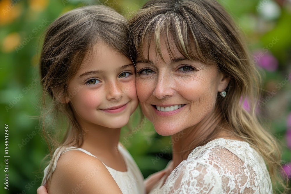 Obraz premium Little young girl hugging her mother in the garden, showing affection and love in a peaceful outdoor setting., Generative AI