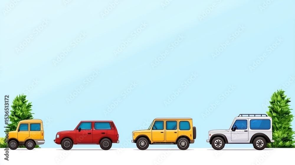 Naklejka premium Colorful Cartoon Cars on a Bright Background with Green Trees and a Clear Sky for Fun and Playful Illustrations
