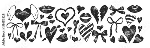Collection of doodle hand drawn hearts, bows and lips with crayon, pastel, chalk or pencil texture. Grunge elements in sketch style. Black vector illustration on a white background.