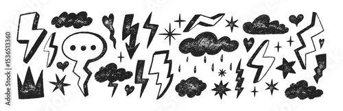 Set of doodle clouds, lightning bolts, stars and weather symbols with crayon, pastel, chalk or pencil texture. Decoration elements in sketch style. Black vector illustration on a white background.