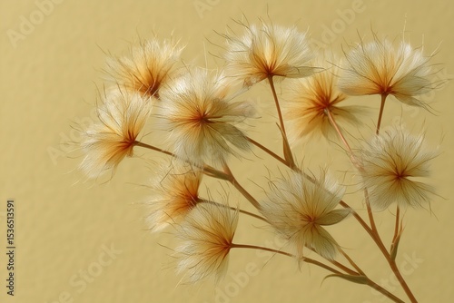 Airy seed cluster of a wild lettuce plant on a pale yellow background, botanical detail