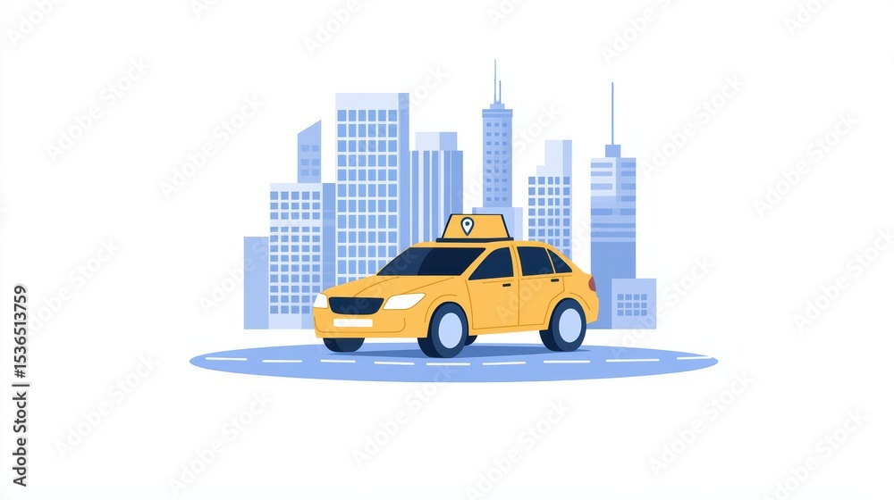 Naklejka premium Yellow taxi cab on city streets with skyline buildings in the background, urban transportation and travel concept