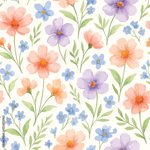 Beautiful Watercolor Floral Seamless Pattern Peach, Purple, and Blue Flowers