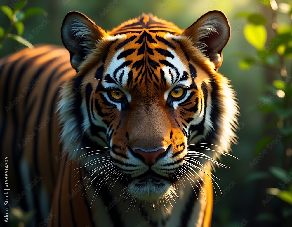 Fototapeta premium Beautiful adult tiger staring ahead in the wild, majestic and powerful predator, close-up portrait in natural habitat