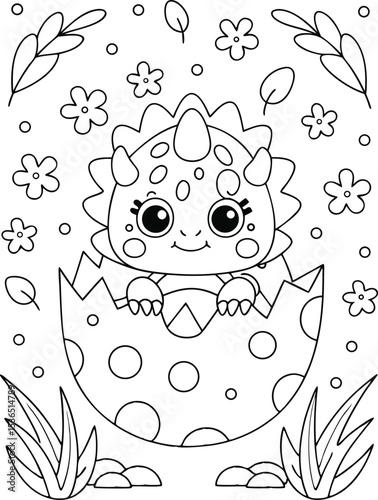 Cute baby triceratops hatching from egg coloring page