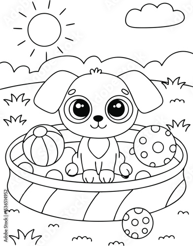Cute puppy playing in ball pit coloring page