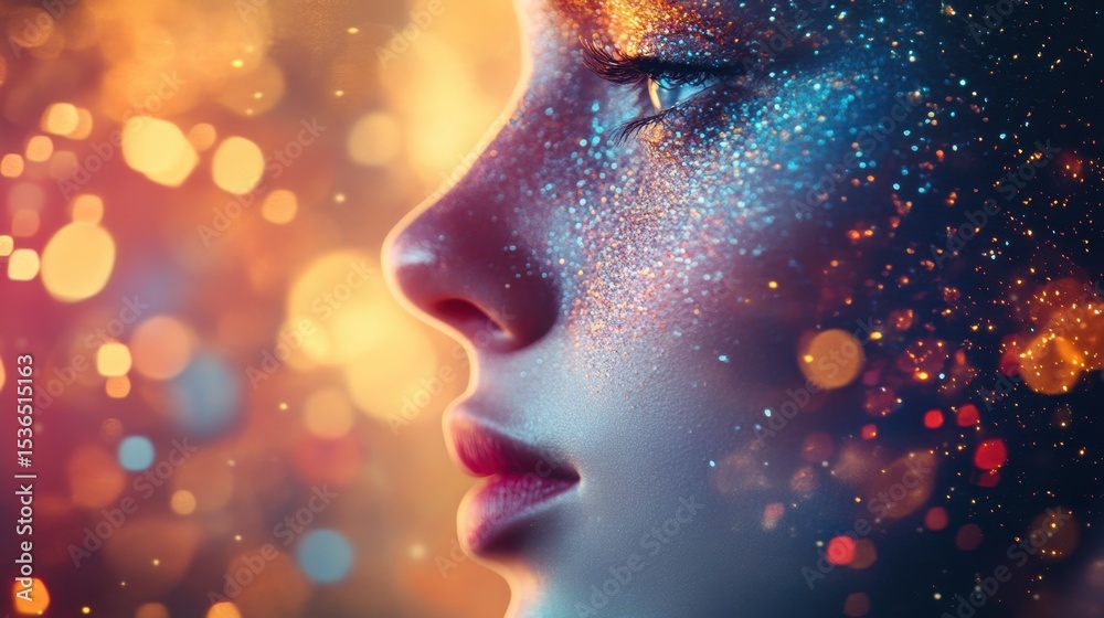 This striking portrait features a woman adorned with glitter makeup, showcasing a profile view against a vibrant bokeh background, emphasizing beauty and elegance. This striking portrait features a woman adorned with glitter makeup, showcasing a profile view against a vibrant bokeh background, emphasizing beauty and elegance.