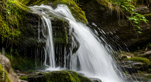 Serene Waterfall Cascading over Mossy Rocks Nature's Peaceful Symphony