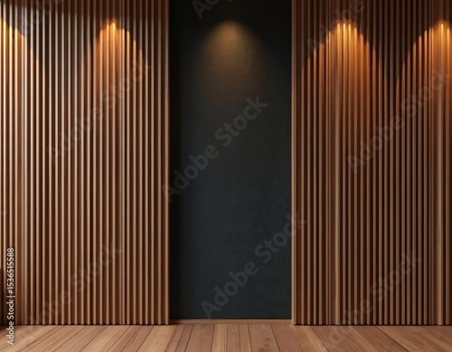 Acoustic fluted wood panel wall with black cloth back material. Wooden striped background with vertical lines, shadows. Interior design, wooden floor. Modern decor, vintage style for wallpaper