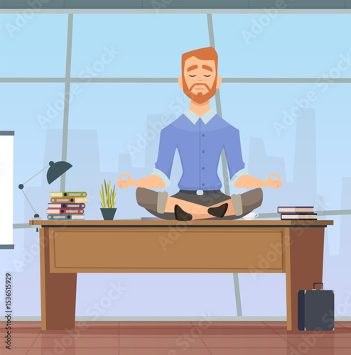 Businessman relaxing. male character manager relaxing in office sitting in yoga pose