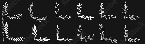  Simple floral border vector leaves ornament frame corner. Flourish vintage fancy natural wedding doodle sketch scribble collection.