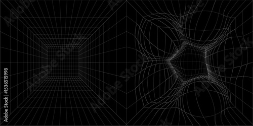 Futuristic perspective grid box. Abstract wireframe with white grid line on black background. Virtual reality landscape in 80s 90s digital style. Vector