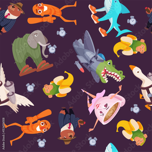Funny characters. seamless pattern with brain rot italian cute characters crocodile goose ballerina cappuccina