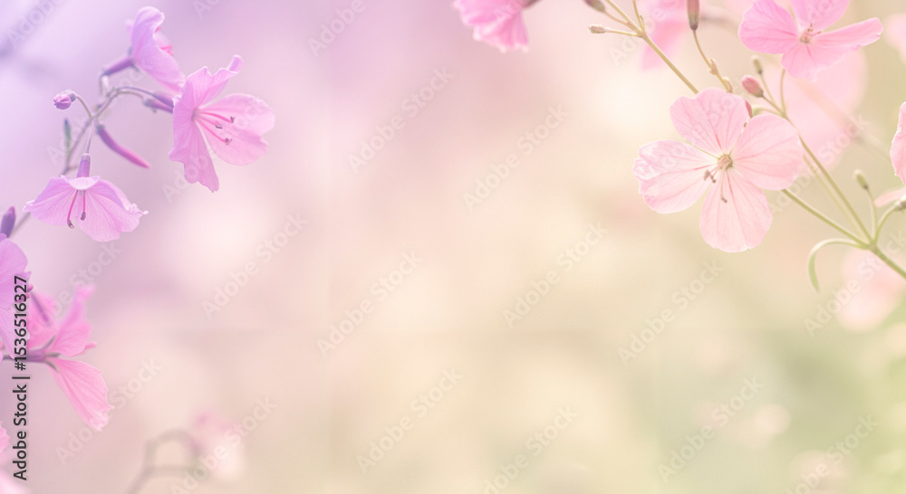 Obraz premium Pink flowers close-up, garden geranium in the rays of spring or summer sun, pastel illustration, card with space for text