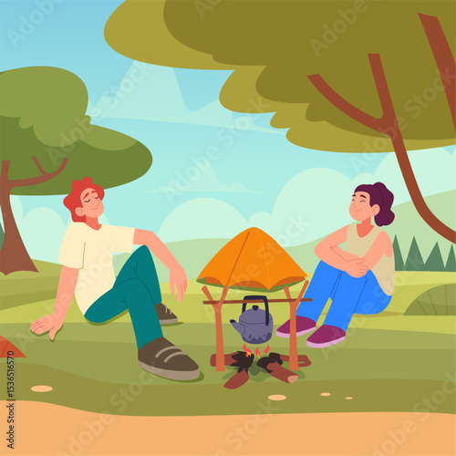 Tourist couple. male and female campers sitting near bonfire