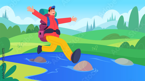Hiking background. Outdoor climbers or backpackers trail route tourists walking exact vector cartoon concept