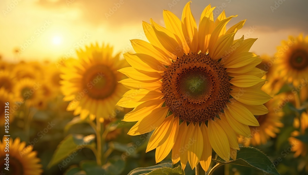 Obraz premium Bright sunflowers at sunset. Yellow flower petals, dark seeds arranged in spiral. Agriculture, harvest season, nature beauty, warm sunny light, plants. Ideal for farming promo, eco-friendly, bio tech