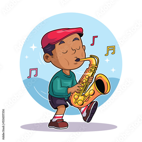 Boy Playing Saxophone with Joy