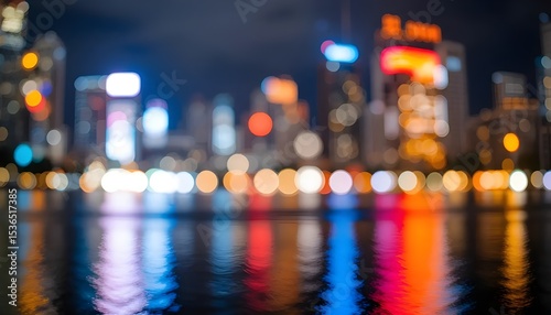 Wallpaper Mural Neon cityscape mirroring off the calm water at twilight a dance of light shadow creating an evocative and dreamy urban Torontodigital.ca