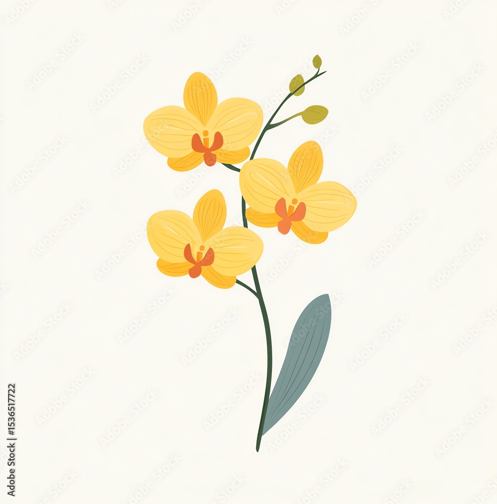 Obraz premium Elegant Yellow Orchid Blossom, Delicate Petals, Minimalist Design, Soft Hues, Serene Atmosphere, Botanical Illustration
