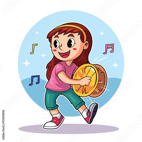 Happy Girl Playing Tambourine