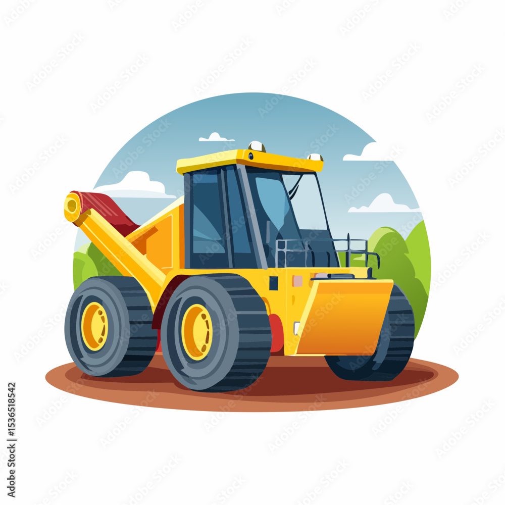 Fototapeta premium A yellow construction vehicle, possibly a loader, sits on brown ground against a backdrop of a sunny landscape with green hills and fluffy clouds.