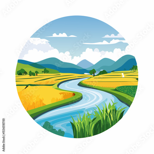 A scenic landscape illustration featuring a river flowing through golden rice fields, with mountains and a blue sky in the background.