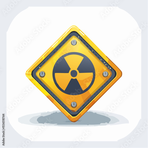 Rusty yellow diamond-shaped warning sign displaying a radioactive symbol.