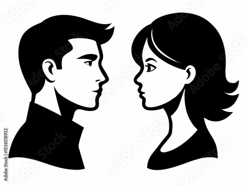 Silhouettes of male and female heads in profile. Black vector illustrations of human head outlines, featuring man and woman side views, isolated on a white background