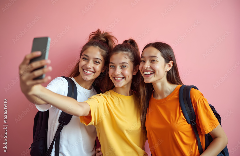 Obraz premium Three happy teenage girls smile take selfie with smartphone. Young female friends posing on camera. Smiling girls make photo or video content, recording blog on pink background.
