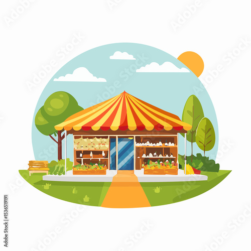 A cheerful farmers market stall displays fresh produce under a striped awning.