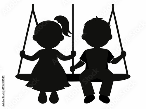 cute siblings swing silhouette black color on white background