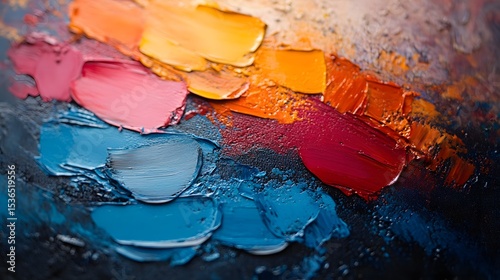 A vibrant, detailed close-up of thick, textured oil paint applied with a palette knife, showcasing a rich array of bold, colorful, abstract strokes