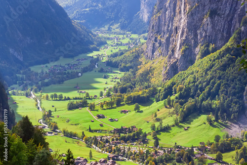 Lauterbrunnen valley aerial view in Swiss Alps, Switzerland photo