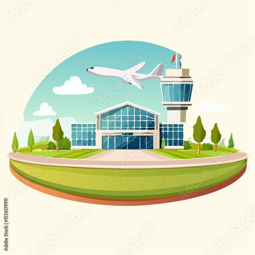 Cartoon illustration of an airport terminal with a control tower and a plane taking off against a blue sky.