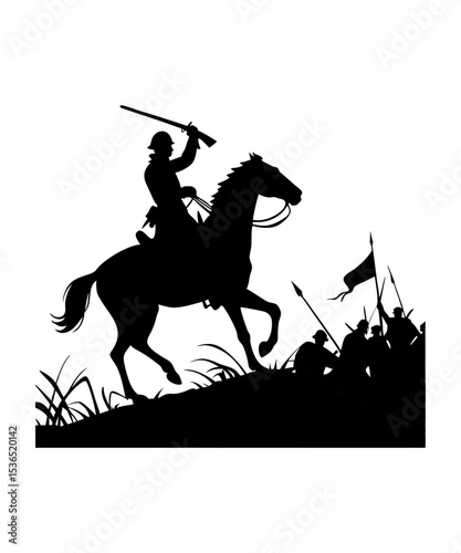 Cavalryman on Horseback, Armed Civil War Rider in Dramatic Battlefield Scene Illustration, Horse Silhouette, horse silhouettes vector illustration. isolated on white background, Horse racing