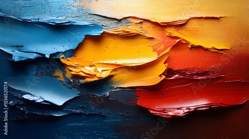 A vibrant, detailed close-up of thick, textured oil paint applied with a palette knife, showcasing a rich array of bold, colorful, abstract strokes