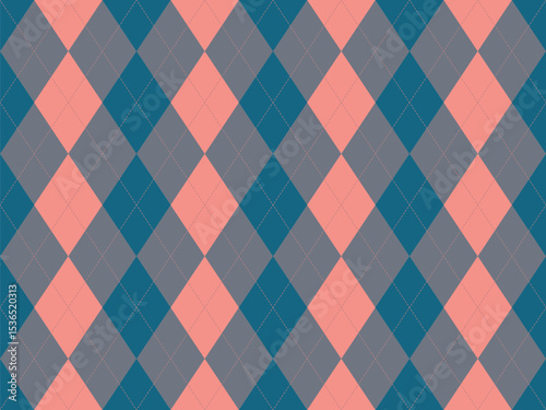 Stylish argyle pattern in teal, gray, and coral.  Perfect for backgrounds, textiles, or fashion designs.  Geometric and sophisticated, this image evokes a sense of classic elegance and timeless style.