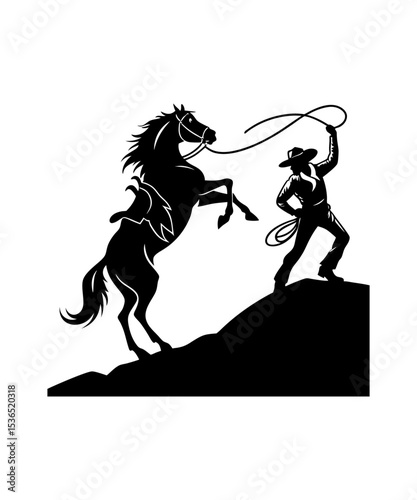 Dynamic cowboy silhouette with a rearing horse in vector form, Horse Silhouette vector illustration , Horse racing silhouette vector illustration, Silhouette of Horse and Rider Animation. 