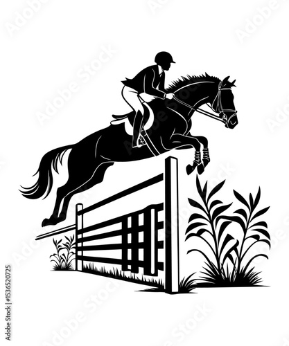 Horse silhouette  Leaping Over Fence in Vibrant Show Jumping Scene of Equestrian Sports Excellence, Horse Silhouette vector illustration, Silhouette of Horse and Rider Animation, vector illustration