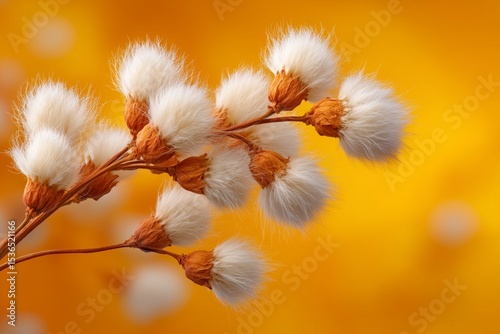 Delicate cattail fluff dispersing in the wind on a vibrant yellow background