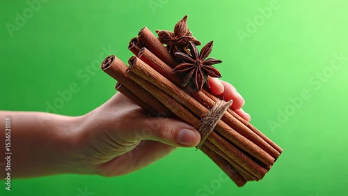 Hand Holding Bundles of Cinnamon Sticks and Star Anise on a Bright Green Background