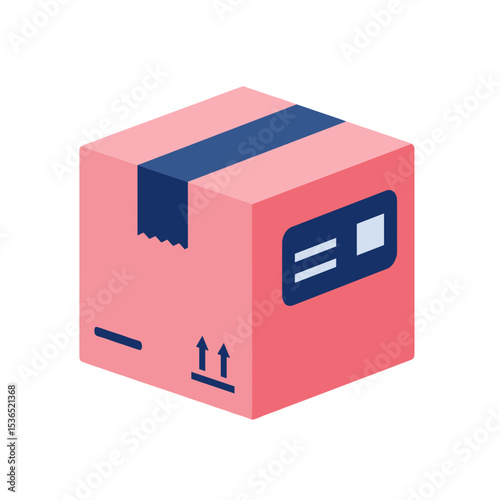 Shipping box with label in a flat design and pink color scheme  