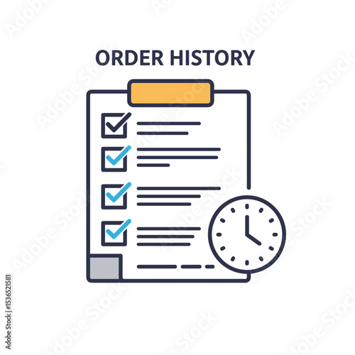 Order history icon with checklist and clock in flat design  
