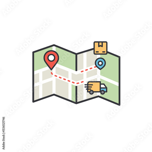 Map with delivery icons and route tracking for shopping icon  