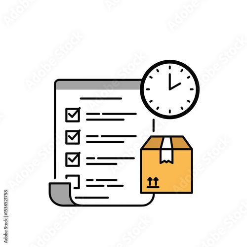 Order history icon with checklist and clock alongside delivery box  