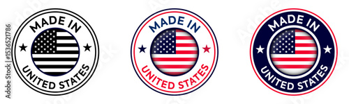Made in United States Round Label with American Flag Badge Icons