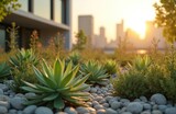 Green roof garden on modern building bathed in golden hour sunlight. Sustainable urban eco-friendly design for city, rooftop terrace with plants succulents, trees. Evening cityscape backdrop.